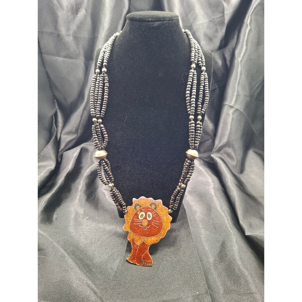 Vintage Lion Pendant Necklace Multi‎ Strand Wood Bead Brass Folk Art Animal